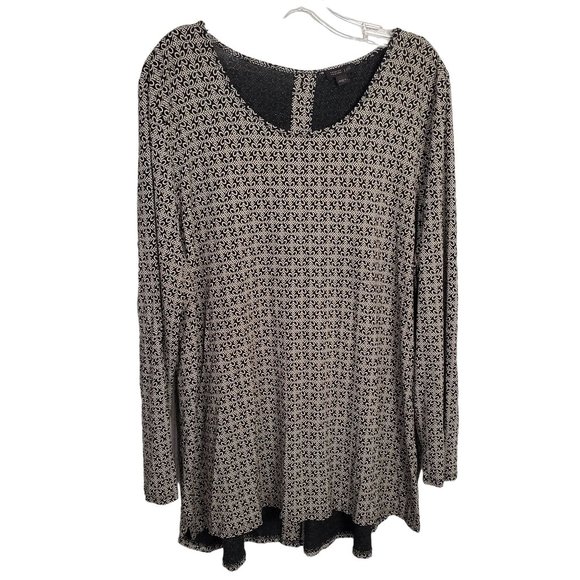 J Jill Wearever Sz XL Tunic Jersey Knit Back Button Floral Geo Hi Lo Hem Stretch - Picture 2 of 8